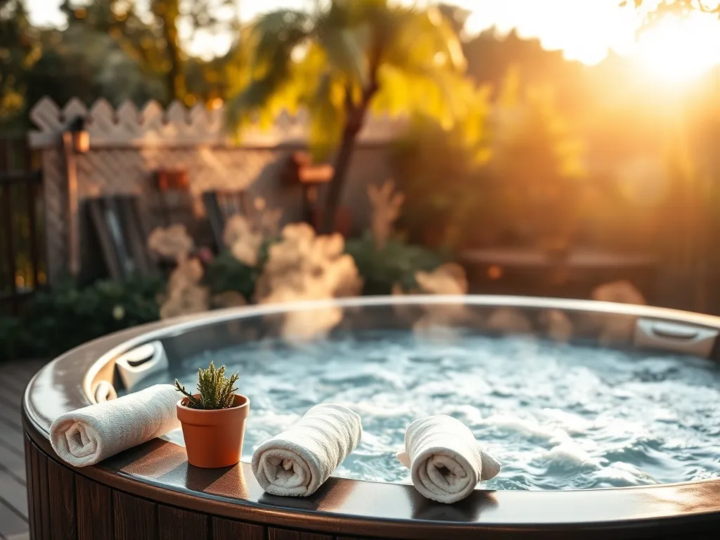 Nowoczesne okrągłe jacuzzi ogrodowe na drewnianym tarasie, z parującą wodą i ręcznikami, w przytulnym, zielonym otoczeniu.
