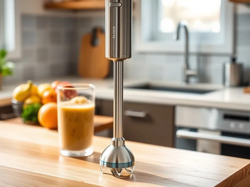Elegancki blender ręczny na blacie obok szklanki smoothie, w tle jasna kuchnia z owocami, sugeruje test i wybór sprzętu.