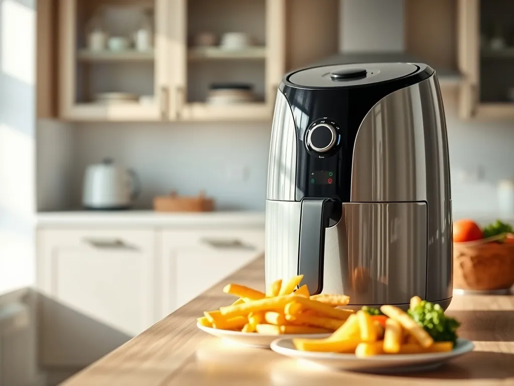 Nowoczesny air fryer na blacie z talerzem chrupiących frytek i warzyw, w jasnej, przytulnej kuchni.