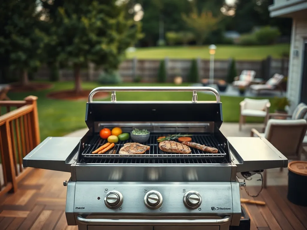 Nowoczesny grill gazowy na tarasie, na ruszcie steki i warzywa; letni ogród w tle, idealne warunki do grillowania.