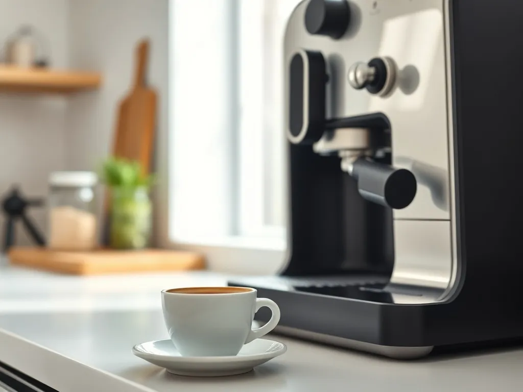 Ekspres kolbowy na blacie w jasnej kuchni, świeżo zaparzone espresso w filiżance, ciepła i przytulna atmosfera domu.