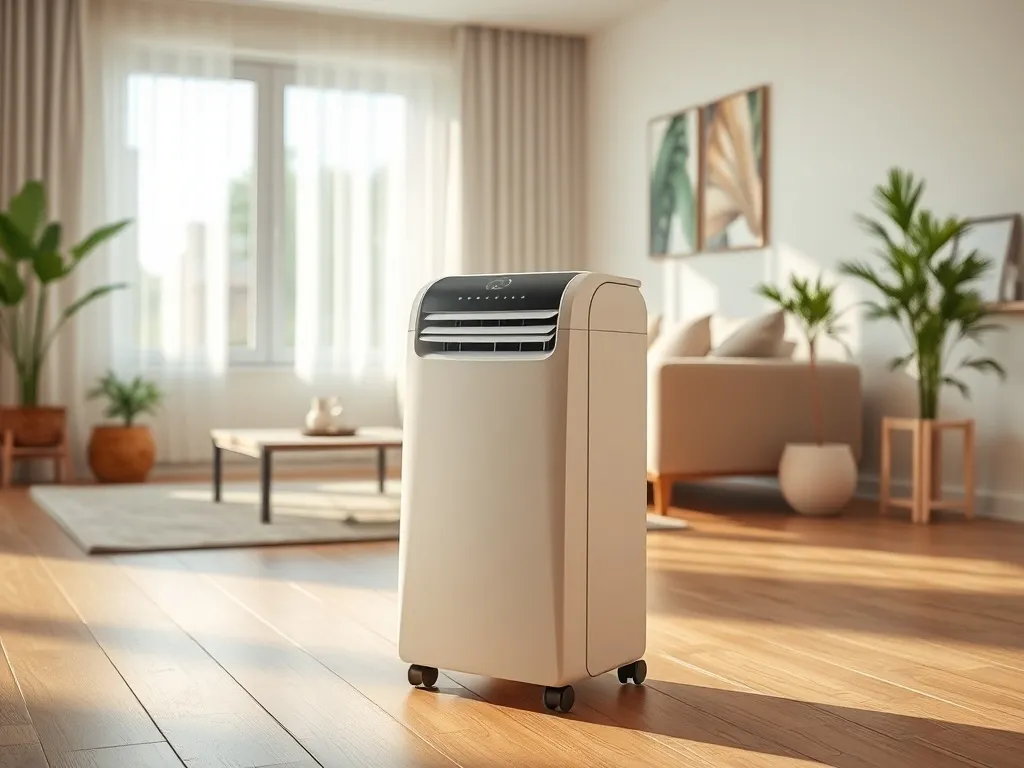 Klimatyzator przenośny chłodzący jasny salon z dużym oknem, sofą i rośliną w minimalistycznym wnętrzu.