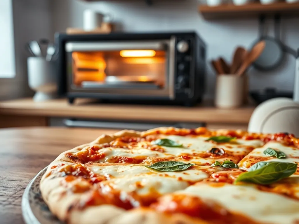 Domowa pizza z chrupiącą skórką i bazylią, w tle kompaktowy piec do pizzy na blacie w przytulnej kuchni