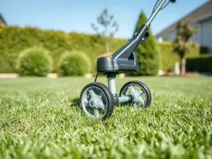 Elektryczny aerator-wertykulator na zadbanym trawniku, prezentacja sprzętu do pielęgnacji ogrodu w słoneczny dzień
