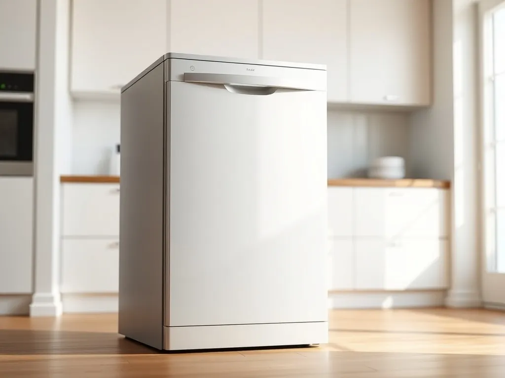 Nowoczesna wąska zmywarka wolnostojąca w jasnej, minimalistycznej kuchni, podkreślająca elegancki design urządzenia