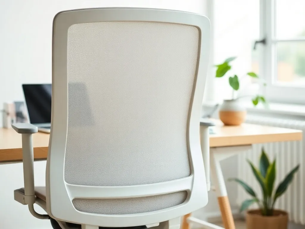 Ergonomiczny fotel biurowy z podparciem lędźwiowym przy biurku w jasnym domowym biurze, idealny do pracy przy komputerze.