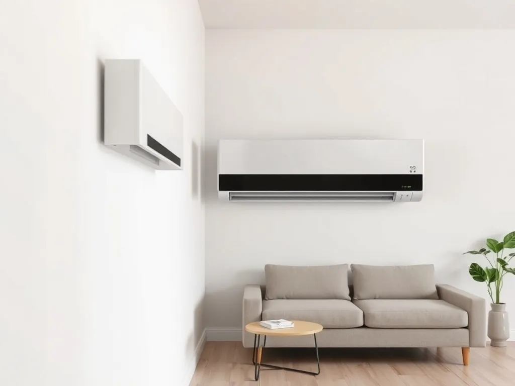 Nowoczesny salon z wiszącym na ścianie klimatyzatorem, minimalistyczny wystrój podkreślający komfort i świeże powietrze.