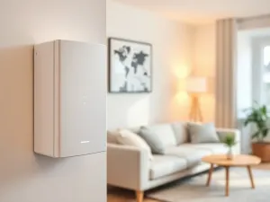 Nowoczesny biały grzejnik elektryczny na ścianie w jasnym, skandynawskim salonie, podkreślający energooszczędne ogrzewanie