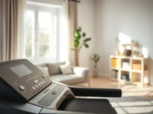 Nowoczesna bieżnia domowa w jasnym salonie, prezentująca ergonomiczną konstrukcję do komfortowego treningu w domu.