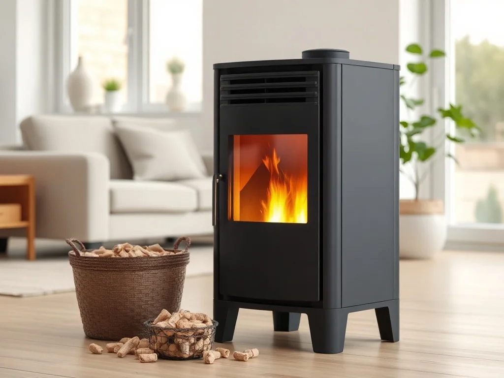 Nowoczesny piec na pellet 10 kW w przytulnym, minimalistycznym salonie, z widocznym płomieniem i koszykiem jasnych pelletów.