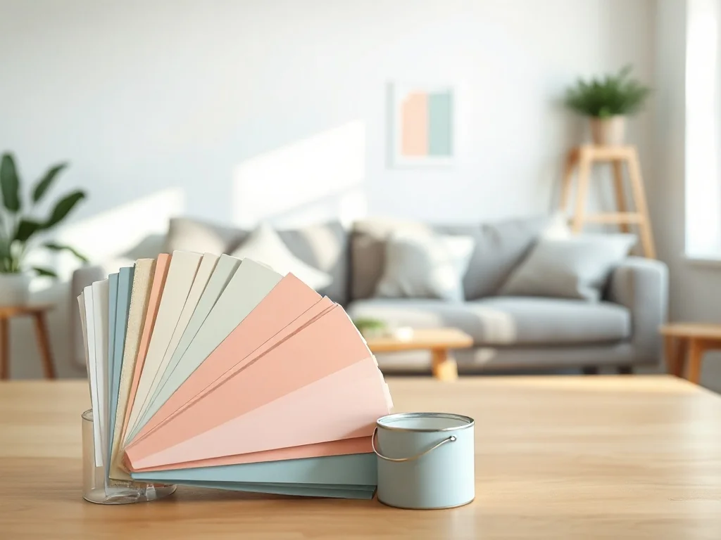 Próbki kolorów farb ceramicznych na stole w nowoczesnym salonie, pastelowe testowe plamy na ścianie w tle