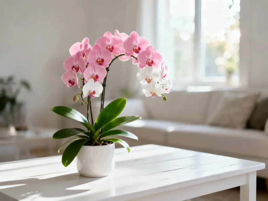 Kwitnący storczyk Phalaenopsis w jasnym, słonecznym salonie, stanowiący elegancką dekorację wnętrza.