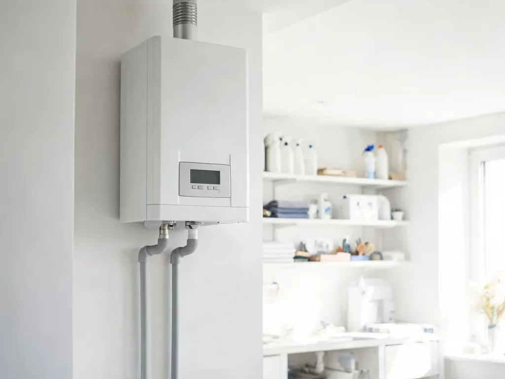 Nowoczesny wiszący kocioł gazowy w jasnej, uporządkowanej kotłowni, prezentujący minimalistyczny design i prosty panel sterowania.