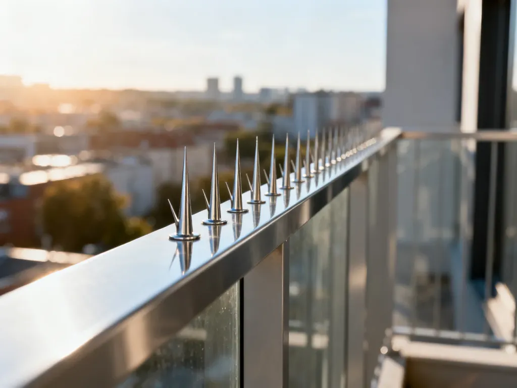 Profesjonalne kolce przeciw ptakom zamontowane na balustradzie balkonu, chroniące przed siadaniem gołębi.