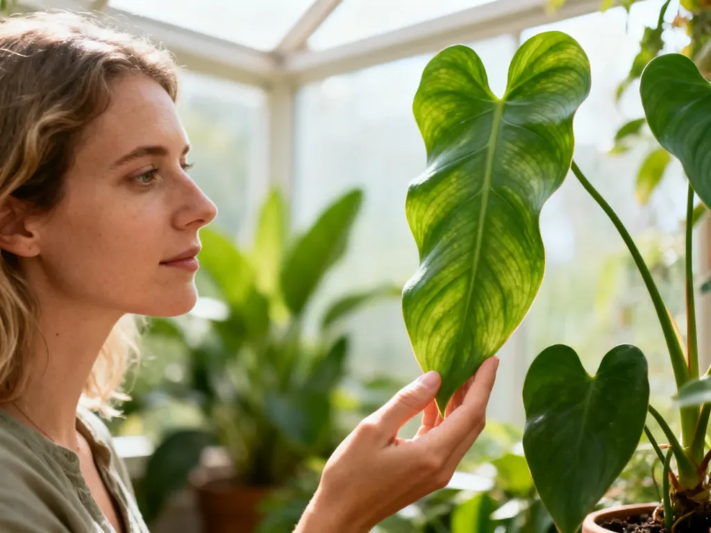 Kobieta dotyka długiego, sercowatego liścia Philodendron spiritus sancti w jasnym, pełnym roślin wnętrzu.