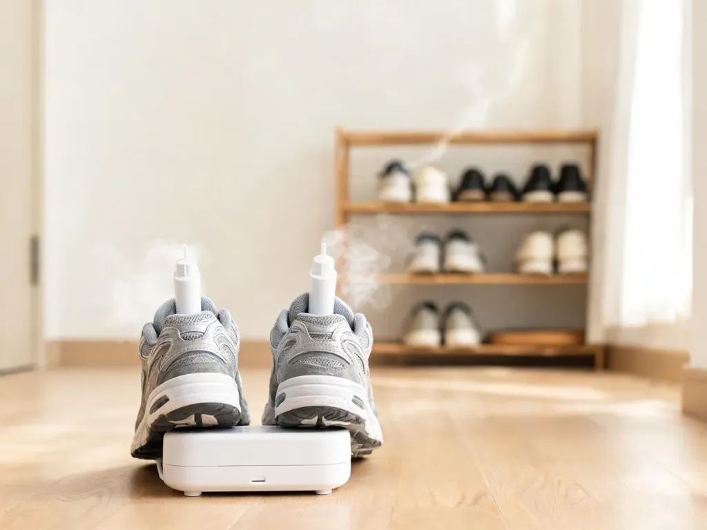 Suszarka do butów z ozonem susząca sportowe sneakersy, delikatna mgiełka podkreśla odświeżanie obuwia w jasnym przedpokoju.