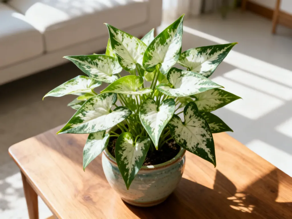 Zroślicha (Syngonium) o pstrych, strzałkowatych liściach w ceramicznej doniczce na drewnianym stole w słonecznym salonie.