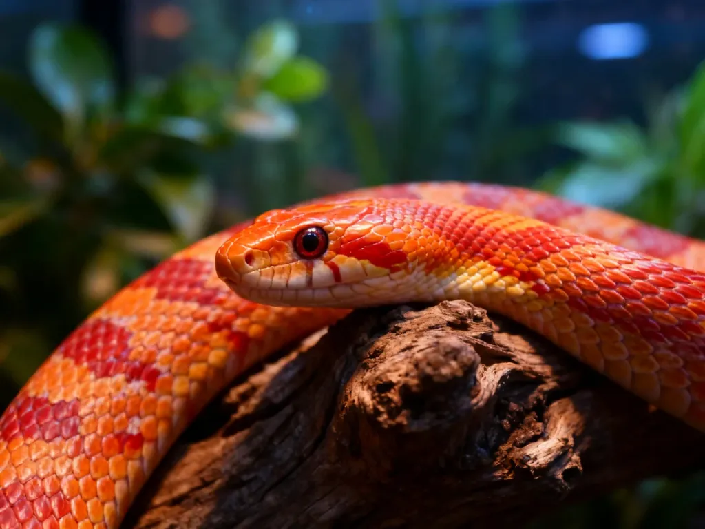 Zbliżenie na węża zbożowego o pomarańczowo-czerwonych łuskach, odpoczywającego na kawałku drewna w terrarium.