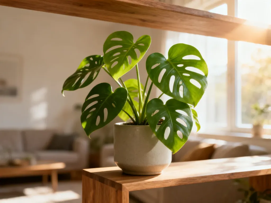 Monstera adansonii w ceramicznej doniczce na drewnianej półce w słonecznym, przytulnym salonie.