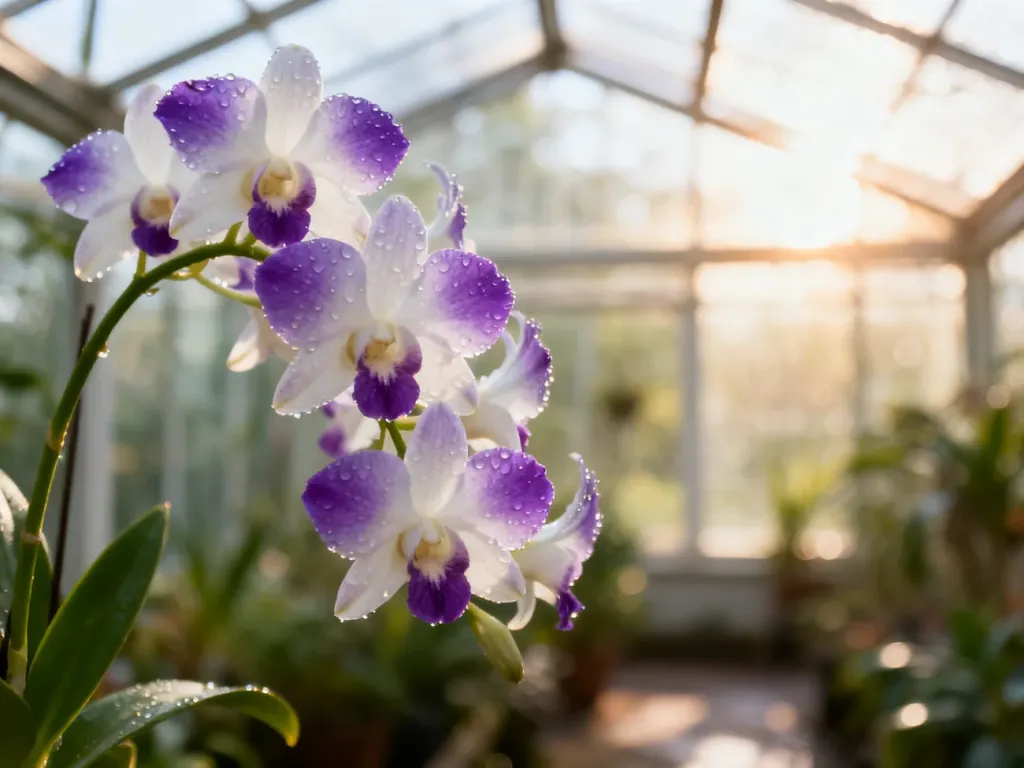 Zbliżenie na kwitnącego storczyka Dendrobium o fioletowo-białych płatkach z kroplami rosy w słonecznej oranżerii.