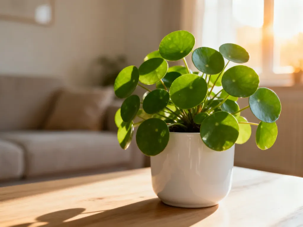 Zdrowa roślina Pilea peperomioides z charakterystycznymi okrągłymi liśćmi w białej doniczce na drewnianym stole.